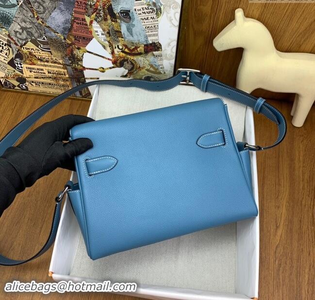 Top Quality Hermes Kelly Messenger Bag in Original Evercolor Leather H0019 Denim Blue/Silver 2024 (Full Handmade)