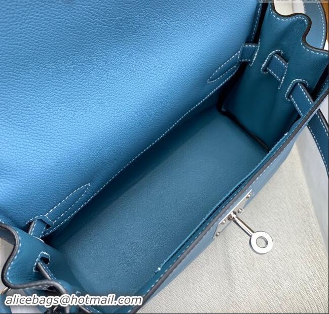 Top Quality Hermes Kelly Messenger Bag in Original Evercolor Leather H0019 Denim Blue/Silver 2024 (Full Handmade)