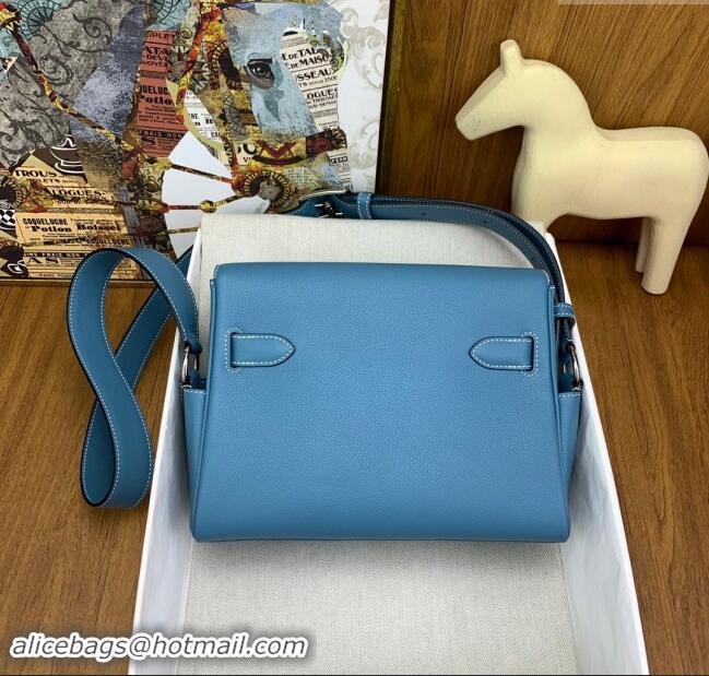 Top Quality Hermes Kelly Messenger Bag in Original Evercolor Leather H0019 Denim Blue/Silver 2024 (Full Handmade)