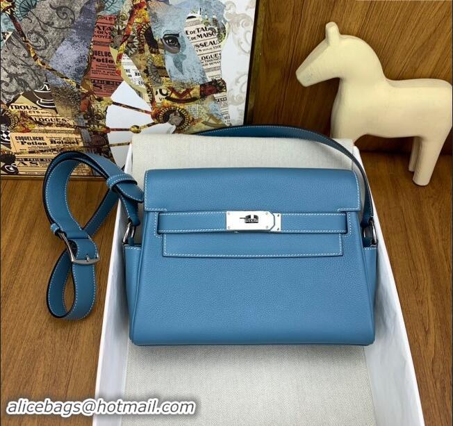 Top Quality Hermes Kelly Messenger Bag in Original Evercolor Leather H0019 Denim Blue/Silver 2024 (Full Handmade)