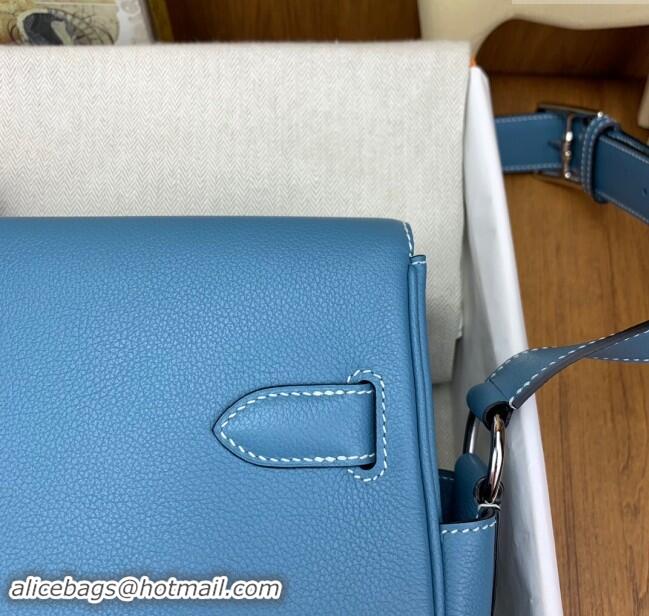 Top Quality Hermes Kelly Messenger Bag in Original Evercolor Leather H0019 Denim Blue/Silver 2024 (Full Handmade)