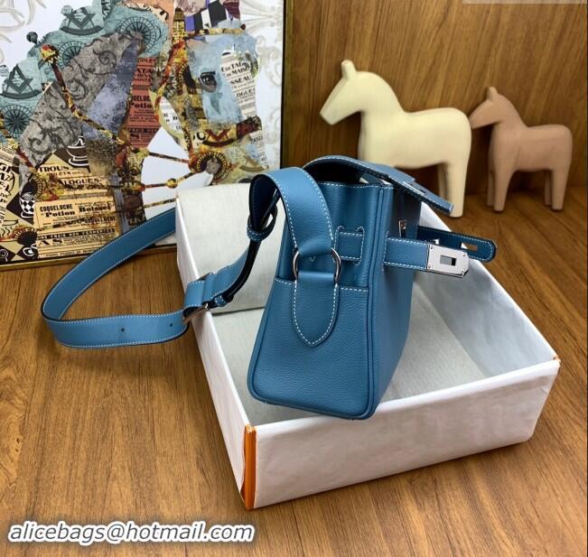 Top Quality Hermes Kelly Messenger Bag in Original Evercolor Leather H0019 Denim Blue/Silver 2024 (Full Handmade)