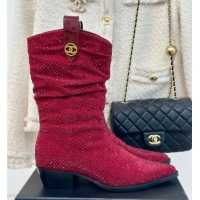 Buy Discount Chanel Strass Studs Allover Heel Medium Boots Red 910093