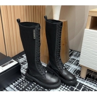 Good Quality Chanel Calfskin Leather & Knit Lace-up Platform High Boots Black 910096