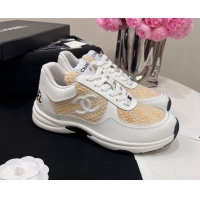 Best Grade Chanel Calfskin & Braided Fabric Sneakers White 910109