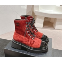 Charming Chanel Suede Lace-up Ankle Boots Red 910121