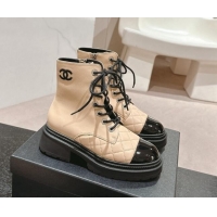 Classic Hot Chanel Calfskin Lace-up Ankle Boots Beige 910122