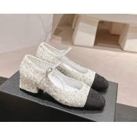 Top Grade Chanel Tweed & Sequins Mary Janes Pumps White 910129