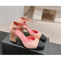 Best Grade Chanel Suede Mary Janes Pumps 6.5cm with Strass Peachy Pink 910133