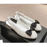 Purchase Chanel Tweed & Embroidery Slingbacks Flat with Bow White 910136