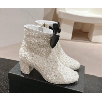 Good Looking Chanel Tweed & Embroidery Heel Ankle Boots with Bow White 910138