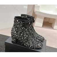 Stylish Chanel Tweed & Embroidery Heel Ankle Boots with Bow Black 910139