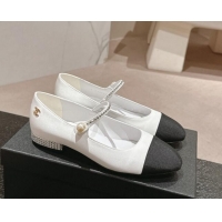 Luxury Chanel Silk Satin & Grosgrain Mary Janes Flat with Strass White 0910143