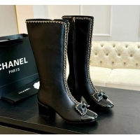 Charming Chanel Lambskin High Boots with Chain and Bow Black 091117