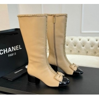 1:1 aaaaa Chanel Lambskin High Boots with Chain and Bow Beige 091118