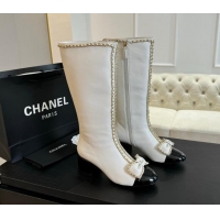 AAAAA Chanel Lambskin High Boots with Chain and Bow White 091119