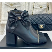 Good Quality Chanel Calfskin & Grosgrain Ankle Boots with Chain and Maxi Bow Black 091121