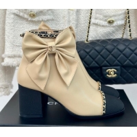 Unique Style Chanel Calfskin & Grosgrain Ankle Boots with Chain and Maxi Bow Beige 091124