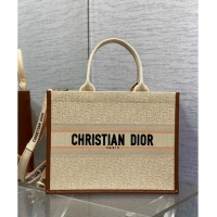 Best Price Dior Medium Dior Book Tote Bag in Beige Dior Oblique Embroidered Raffia Straw and Camel Brown Calfskin D3105 