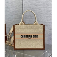 Top Grade Dior Small Dior Book Tote Bag in Beige Dior Oblique Embroidered Raffia Straw and Camel Brown Calfskin D3106 20