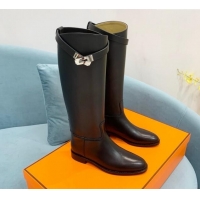 Popular Style Hermes Jumping High Flat Boots in Calfskin with Kelly Buckle Black 907001