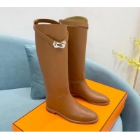 Good Quality Hermes Jumping High Flat Boots in Calfskin with Kelly Buckle Brown 907002