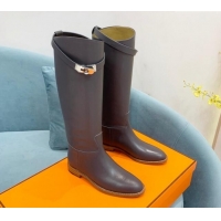 Sumptuous Hermes Jumping High Flat Boots in Calfskin with Kelly Buckle Grey 907003