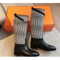 Best Price Hermes Jumping High Flat Boots in Printed H Canvas and Calfskin with Kelly Buckle Black 907004