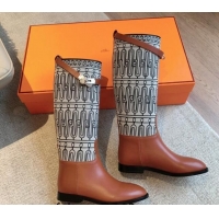 Best Grade Hermes Jumping High Flat Boots in Printed H Canvas and Calfskin with Kelly Buckle Brown 907005