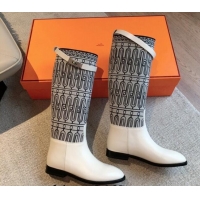 Grade Quality Hermes Jumping High Flat Boots in Printed H Canvas and Calfskin with Kelly Buckle White 907006