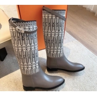 Purchase Hermes Jumping High Flat Boots in Printed H Canvas and Calfskin with Kelly Buckle Grey 907007