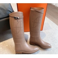 Top Grade Hermes Jumping High Flat Boots in Logo Perforated Calfskin with Kelly Buckle Grey 907008