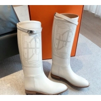 Most Popular Hermes Jumping High Flat Boots in Logo Perforated Calfskin with Kelly Buckle White 0907009