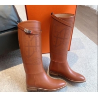 Stylish Hermes Jumping High Flat Boots in Logo Perforated Calfskin with Kelly Buckle Brown 0907011