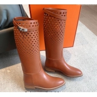 Good Looking Hermes Jumping High Flat Boots in Perforated Calfskin with Kelly Buckle Brown 907012