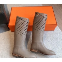 Discount Fashion Hermes Jumping High Flat Boots in Perforated Calfskin with Kelly Buckle Dark Grey 907013