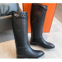 Pretty Style Hermes Jumping High Flat Boots in Perforated Calfskin with Kelly Buckle Black 907014