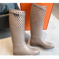 Unique Style Hermes Jumping High Flat Boots in Perforated Calfskin with Kelly Buckle Grey 907015