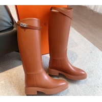 Luxury Hermes Jumping High Platform Boots in Calfskin with Kelly Buckle Brown 907017