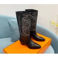  Low Cost Hermes Embroidered Black Calfskin High Boots 907018