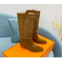 Top Design Hermes Embroidered Suede High Boots Camel 907019