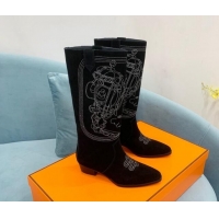 Charming Hermes Embroidered Suede High Boots Black 0907020