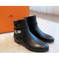 Big Discount Hermes Fortune Ankle Flat Boots in Calfskin with Kelly Buckle Black 907036