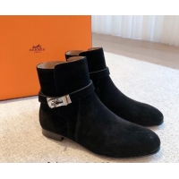 Cheap Price Hermes Fortune Ankle Flat Boots in Suede with Kelly Buckle Black 907037