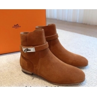 Best Product Hermes Fortune Ankle Flat Boots in Brown Suede with Kelly Buckle 907038