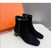 Sophisticated Hermes Hommage Heel Ankle Boots 5cm in Black Suede with Mini Paris Buckle 907040