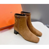 Buy Luxury Hermes Hommage Heel Ankle Boots 5cm in Brown Suede with Mini Paris Buckle 907041