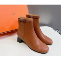 Top Design Hermes Imperial Heel Ankle Boots 5cm in Brown Calfskin with Mini Paris Buckle 907043