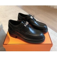 Good Quality Hermes First Lace-up derby shoe in Calfskin with Kelly Buckle Black 907046