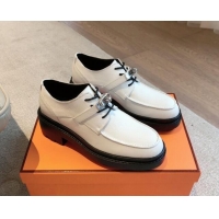 Grade Hermes First Lace-up derby shoe in Palm-Grained Calfskin with Kelly Buckle White 907044 